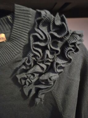Democracy Teal Ruffle Sweater Medium | Floral Shoulder Detail | Soft Stretch